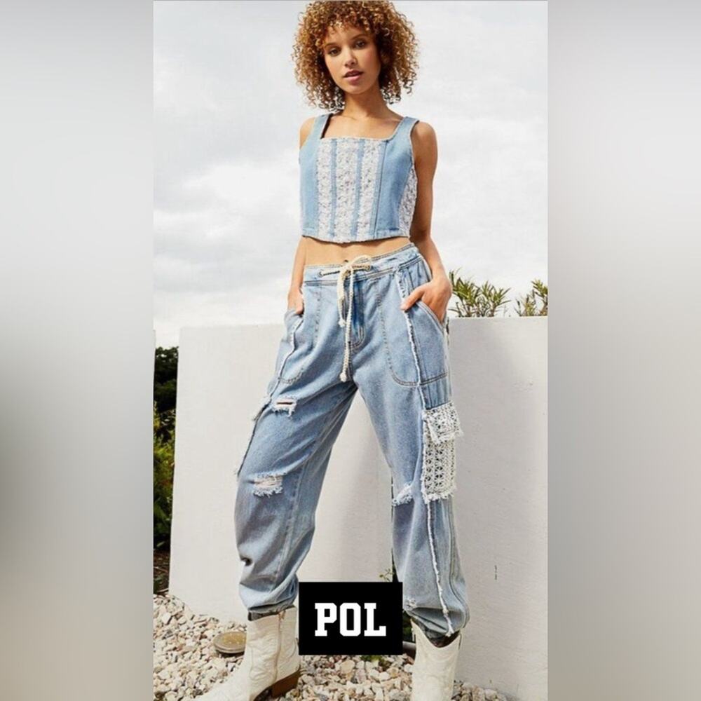 POL Light Blue Distressed Denim Joggers with Crochet Patch